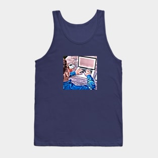 Businessman Blue Laptop Pink Tank Top